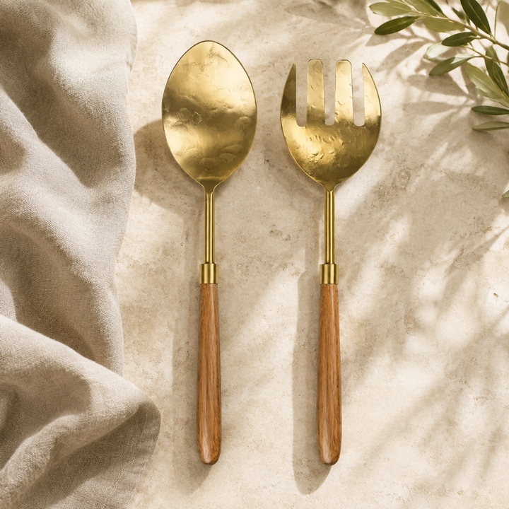 Nkuku Soni Salad Servers - Gold &amp; Acacia (Set of 2)