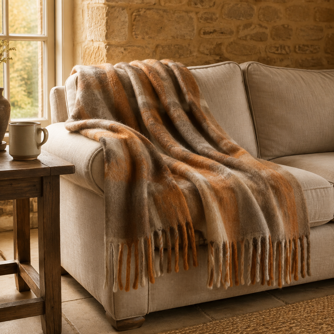 Checked Tassel Fringe Cosy Throw - Terracotta