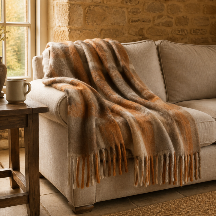 Checked Tassel Fringe Cosy Throw - Terracotta