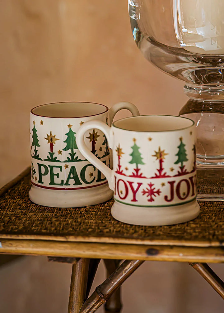 Emma Bridgewater Christmas Joy &amp; Peace set of 2 half pint mugs with festive holiday designs, boxed for gift-giving.