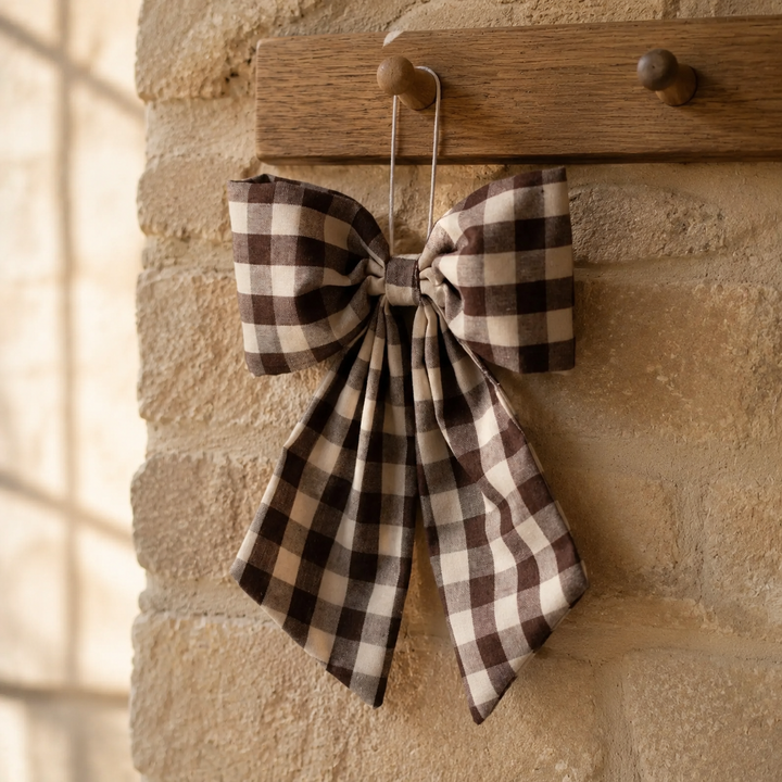 Cream and Brown Gingham Hanging Bow