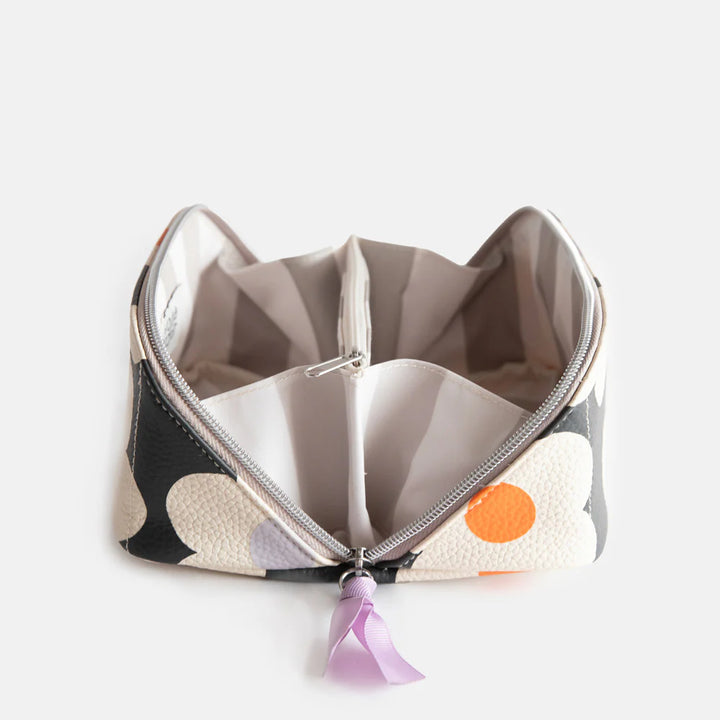 Open Caroline Gardner multi-flower charcoal diagonal cosmetic bag with floral pattern, ideal for makeup or travel storage.