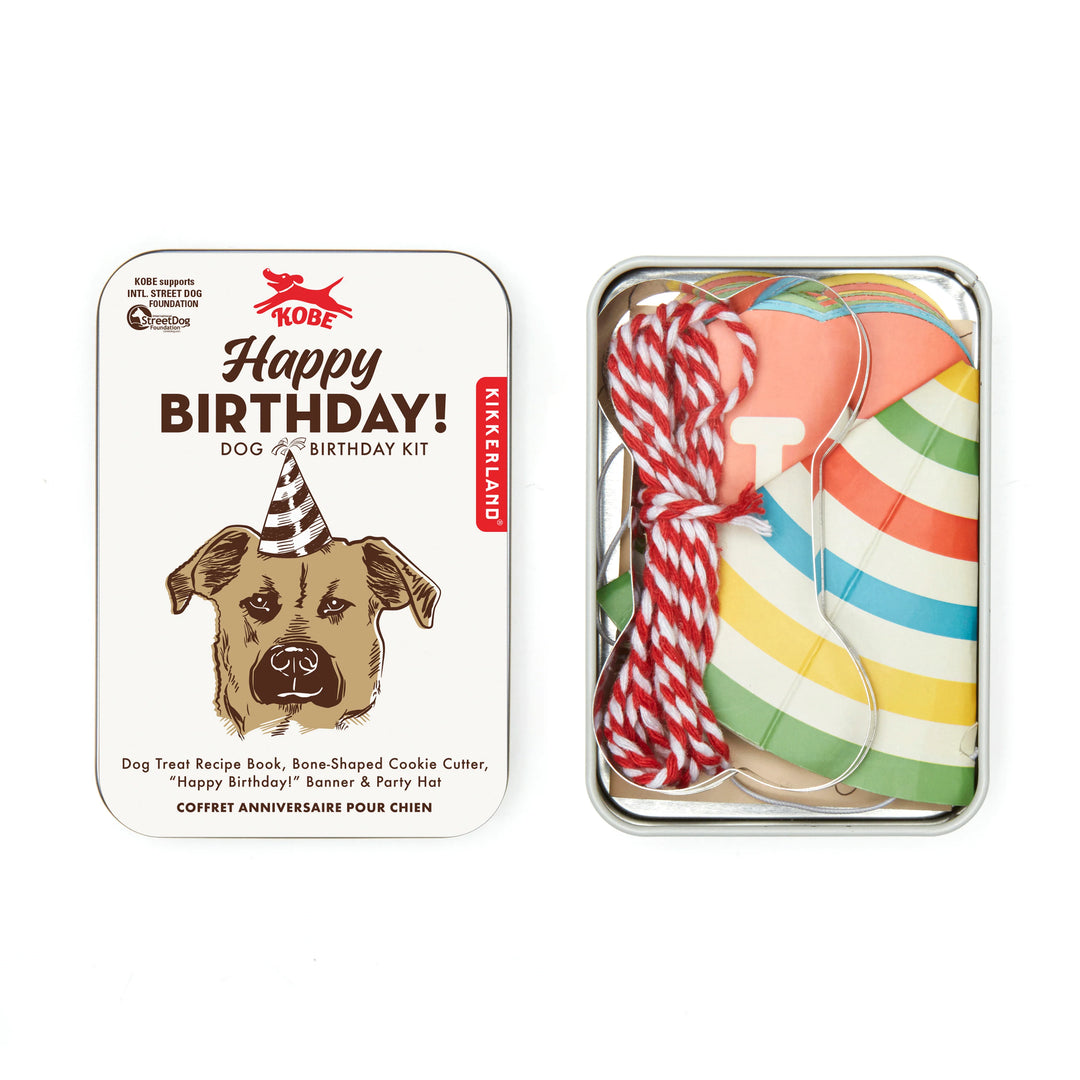 Kikkerland Dog Birthday Kit with colorful party hats, banners, and accessories for celebrating your pet's special day.
