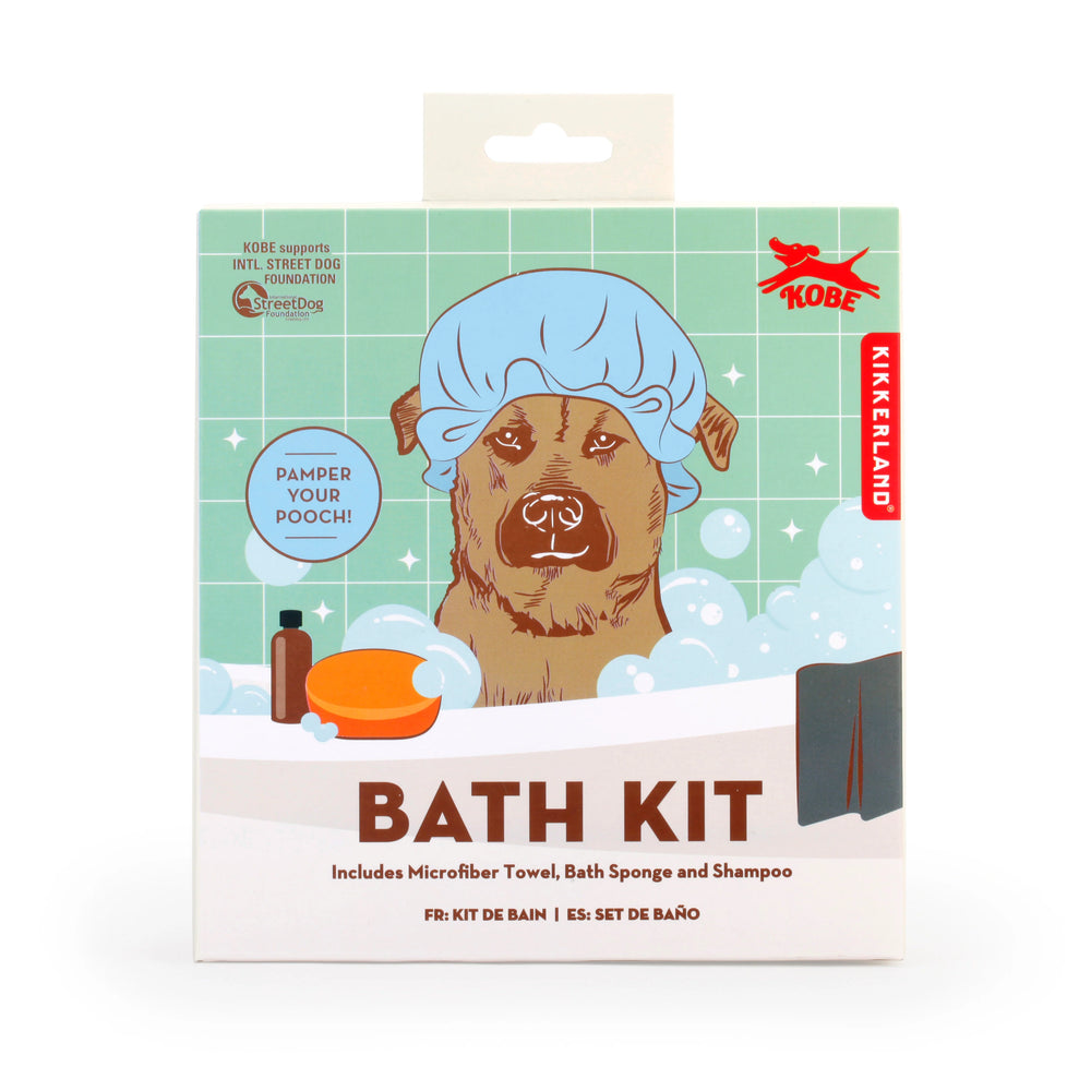 Kikkerland Dog Bath Kit by Cornucopia Home and Gift, including brushes, shampoo, and grooming tools for dog bathing.