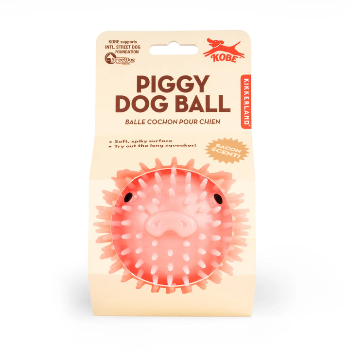 Kikkerland Piggy Dog Ball, colorful rubber toy with pig design for dogs, made by Cornucopia Home and Gift.