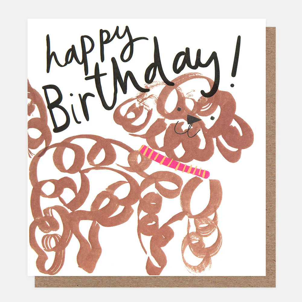 Cute Caroline Gardner Happy Birthday Doodle Dog with pink collar, playful illustration on greeting card.