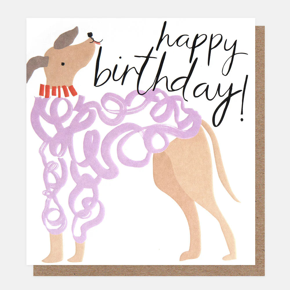 Doodle Whippet in lilac jumper birthday card by Caroline Gardner, featuring playful dog illustration on a white background.
