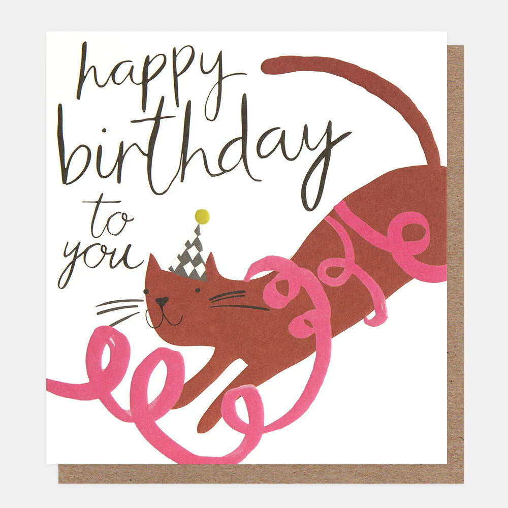 Caroline Gardner Happy Birthday To You cat with doodle string illustration, colorful and playful design on a greeting card.