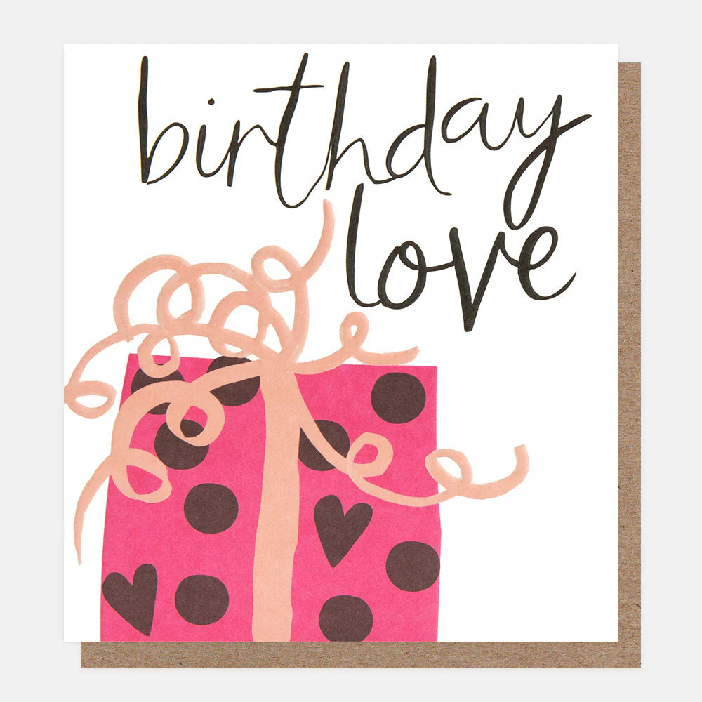 Pink birthday gift box with curly ribbon by Caroline Gardner, featuring a love-themed design on a decorative present.