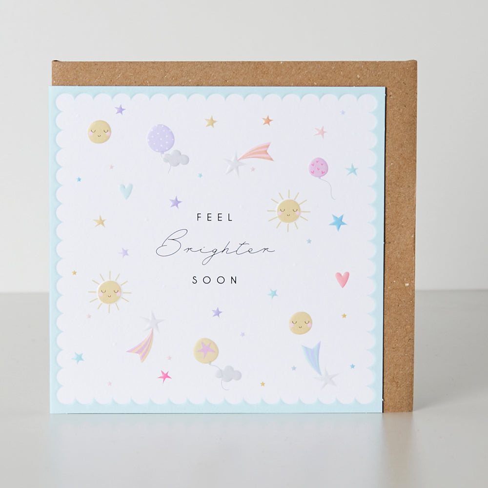 Belly button Feel Brighter Soon card by Cornucopia Home and Gift with uplifting message and colorful design.