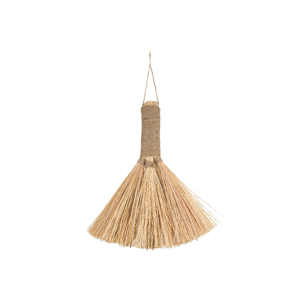 Small natural Dulani Broom by Nkuku with a wooden handle and natural bristles, ideal for delicate sweeping tasks.