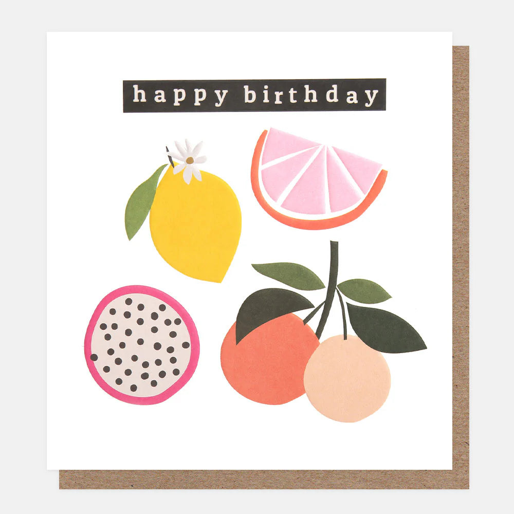 Colorful tropical fruits happy birthday card by Caroline Gardner featuring vibrant fruit illustrations on a cheerful design.