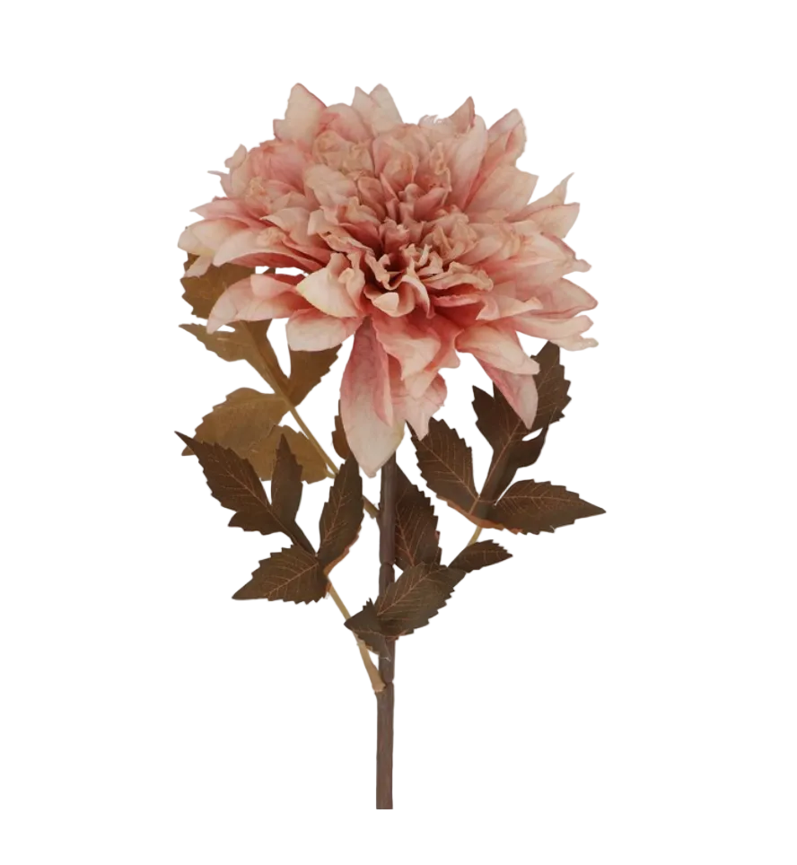 Artificial pink flower with green leaves on a white background
