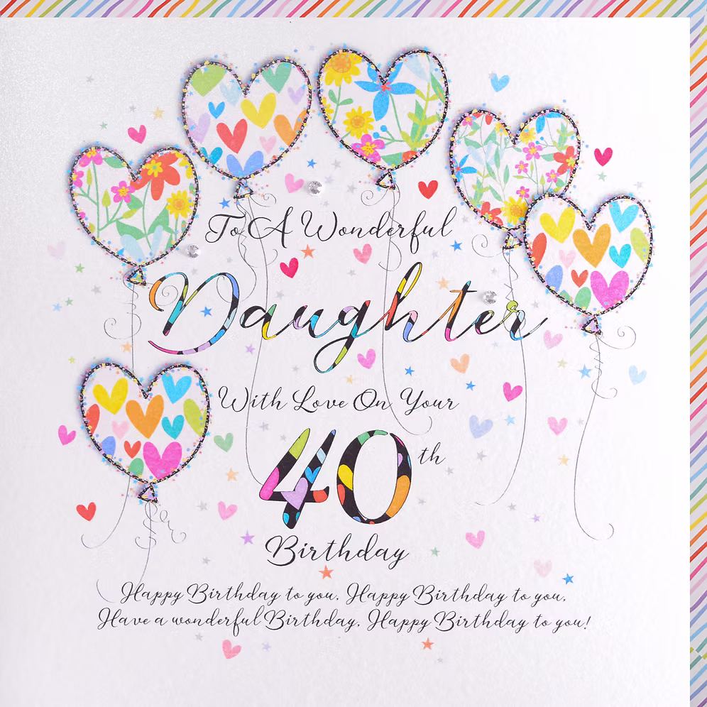 Daughter 40th Birthday Card - Heart Balloons