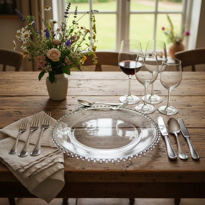 Elegant pearl glass plate from Cornucopia Home and Gift, set on a dinner table with fine tableware and centerpiece.
