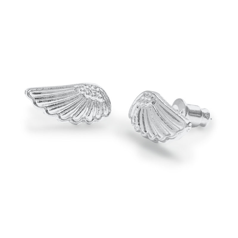 Silver angel wing stud earrings by Life Charms, featuring detailed wing design in a polished finish.