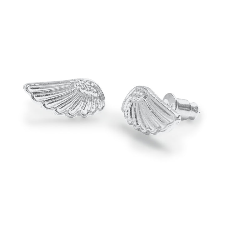 Silver angel wing stud earrings by Life Charms, featuring detailed wing design in a polished finish.