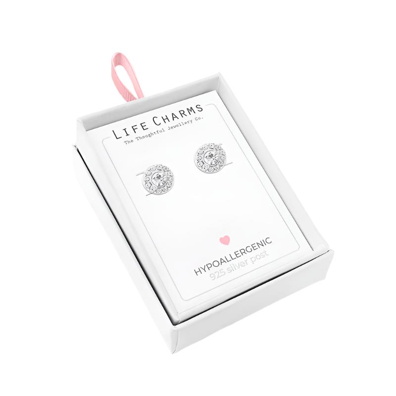 Round silver stud earrings featuring life charms, crafted by Cornucopia Home and Gift.