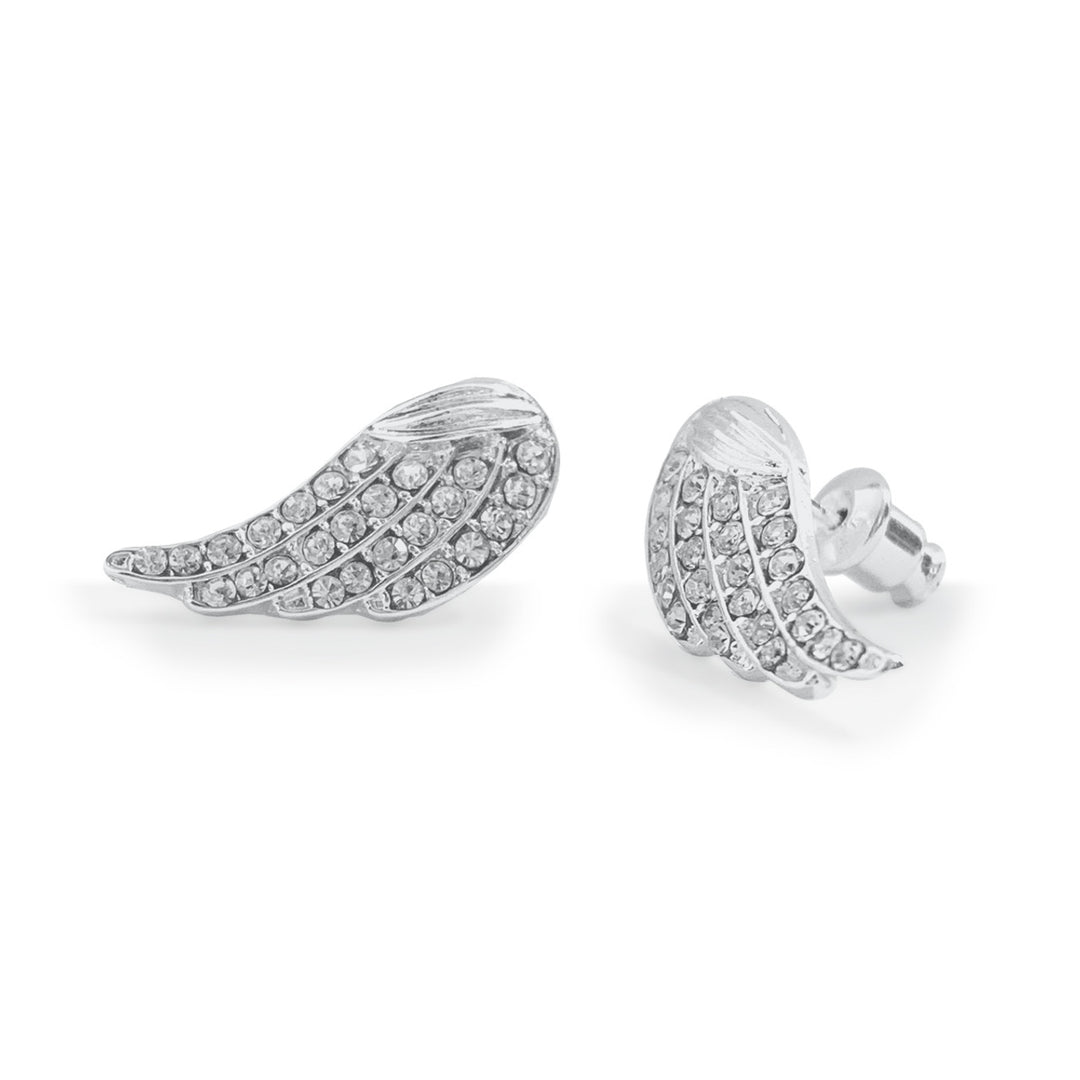 Silver crystal angel wing stud earrings from Cornucopia Home and Gift, featuring delicate angel wing design and sparkling crystal accents.