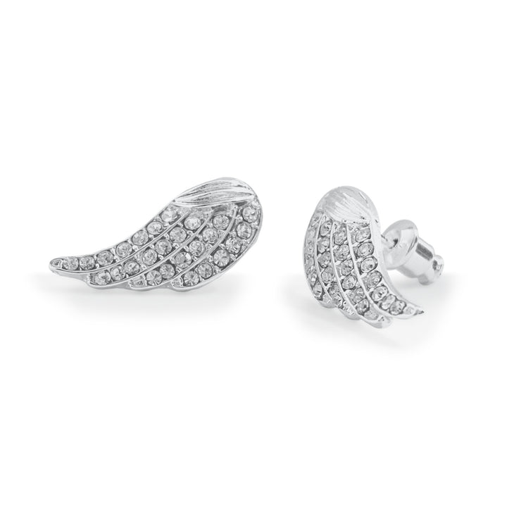 Silver crystal angel wing stud earrings from Cornucopia Home and Gift, featuring delicate angel wing design and sparkling crystal accents.