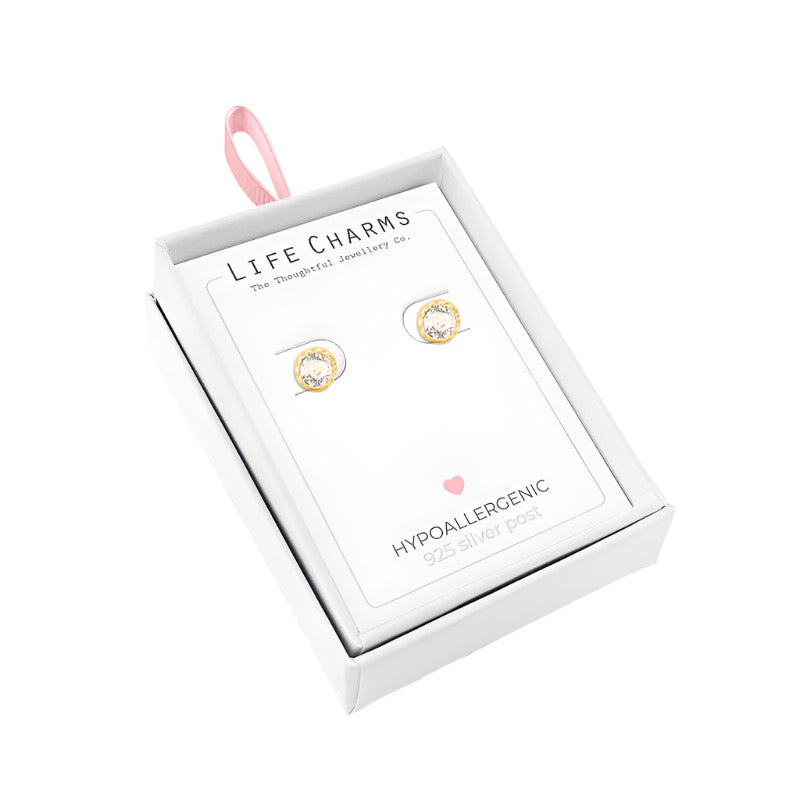 Diamond crystal gold stud earrings from Life Charms by Cornucopia Home and Gift, showing shiny gold studs with sparkling diamond crystals.
