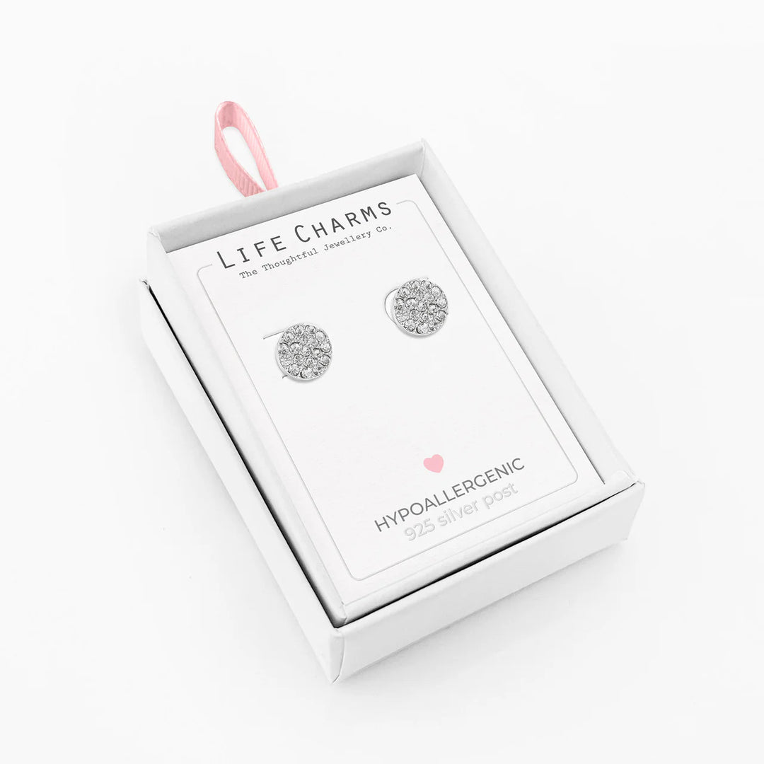 Silver crystal disc studs from Life Charms by Cornucopia Home and Gift, featuring shiny round crystal accents in a classic stud design.