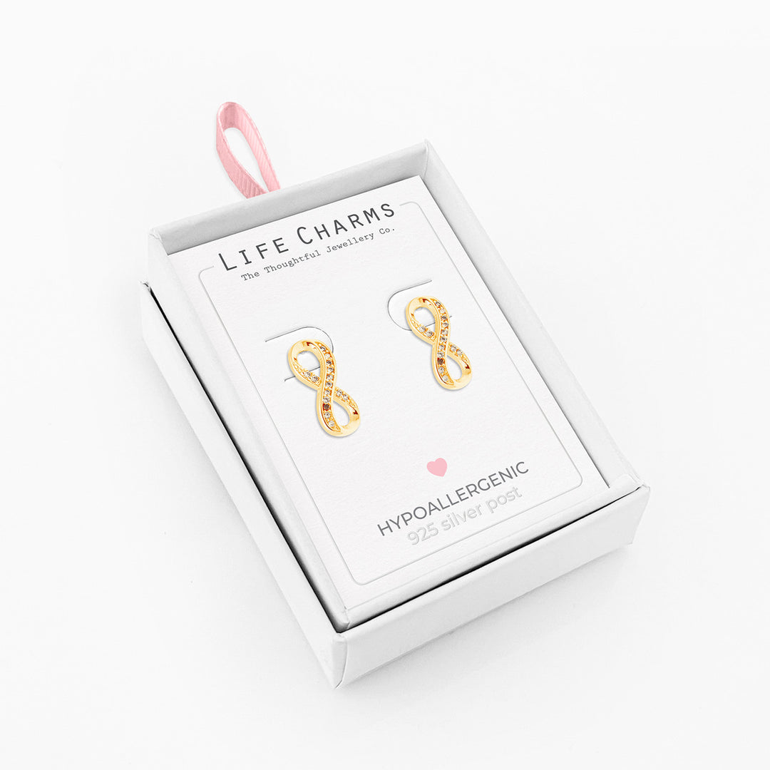 Gold infinity stud earrings from Life Charms by Cornucopia Home and Gift, featuring sleek, minimalist design.