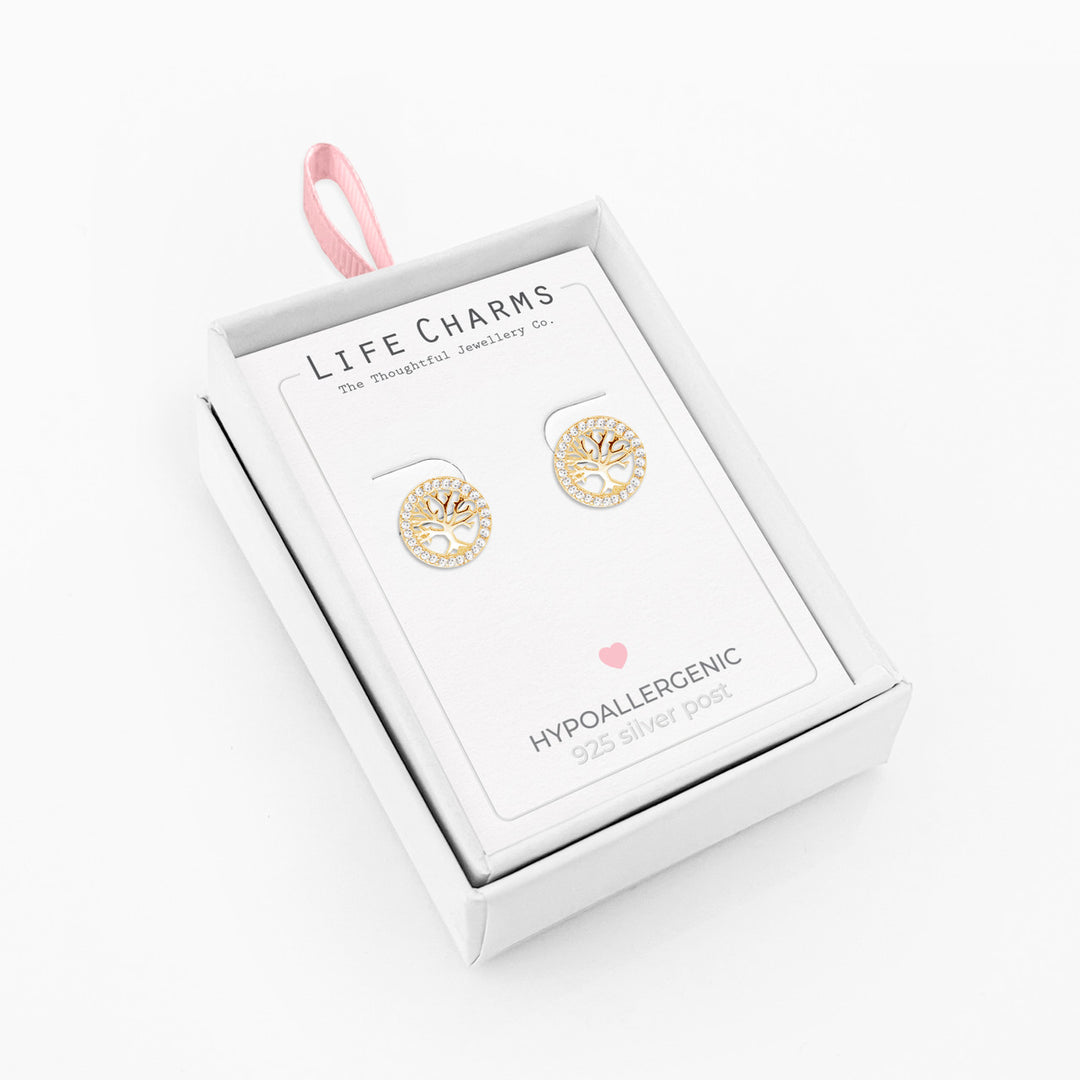 Gold Tree of Life stud earrings featuring intricate charm design, perfect for meaningful jewelry from Cornucopia Home and Gift.