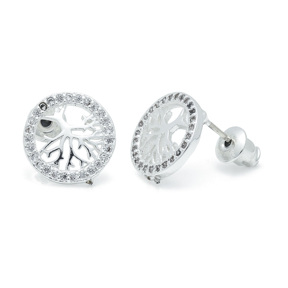 Silver Tree of Life stud earrings with intricate leaf design, showcasing nature-inspired charm from Cornucopia Home and Gift.