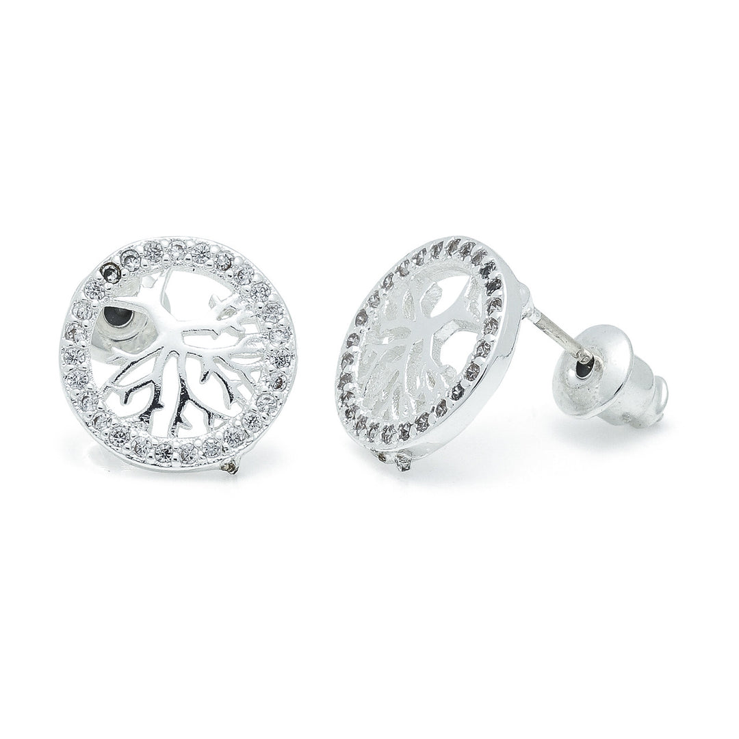 Silver Tree of Life stud earrings with intricate leaf design, showcasing nature-inspired charm from Cornucopia Home and Gift.