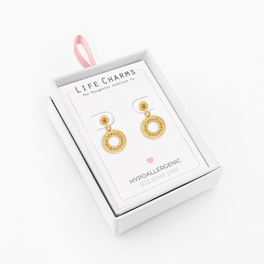 Gold round drop stud earrings by Life Charms, featuring a simple and elegant design from Cornucopia Home and Gift.