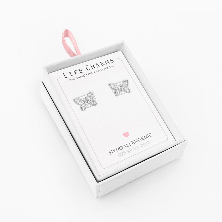 Silver butterfly stud earrings from Life Charms collection by Cornucopia Home and Gift, featuring delicate butterfly designs.