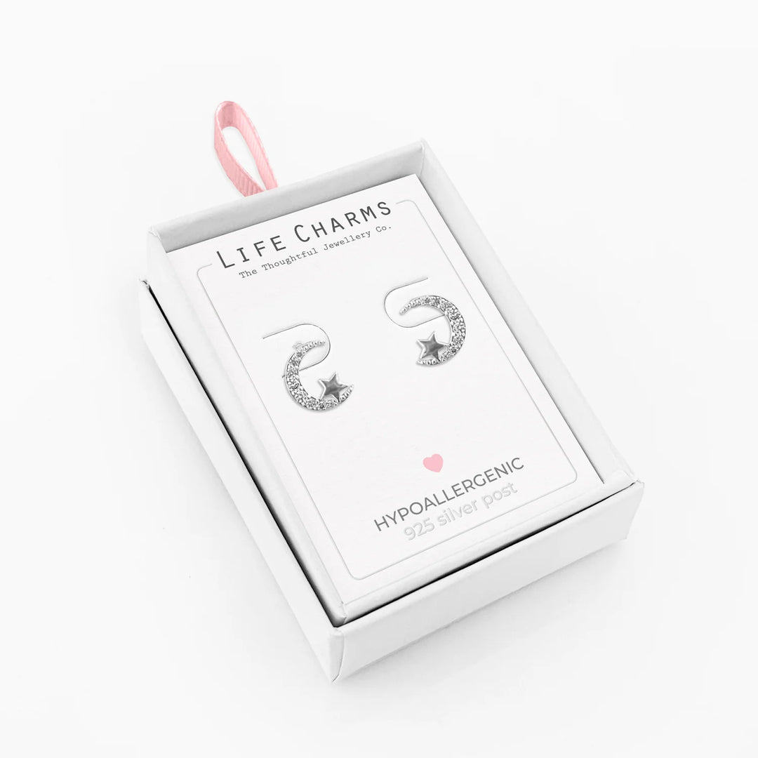 Moon &amp; Star Silver Stud Earrings