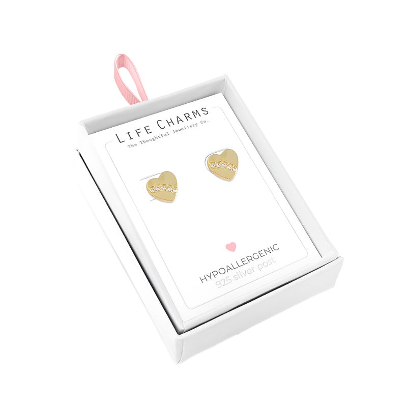 Gold heart stud earrings with flat crystal details from Life Charms by Cornucopia Home and Gift.