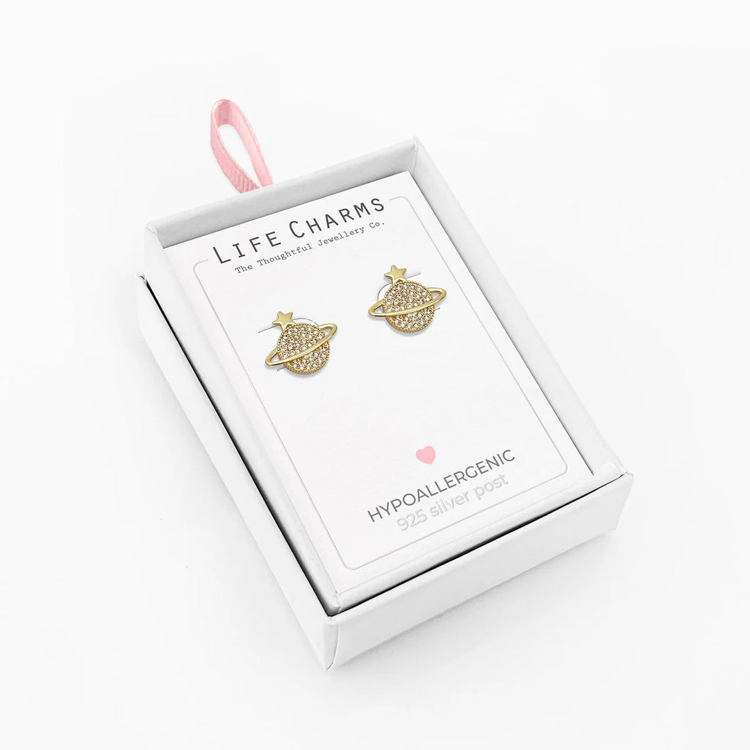 Gold orb-shaped stud earrings from Life Charms by Cornucopia Home and Gift, featuring a shiny, spherical design.