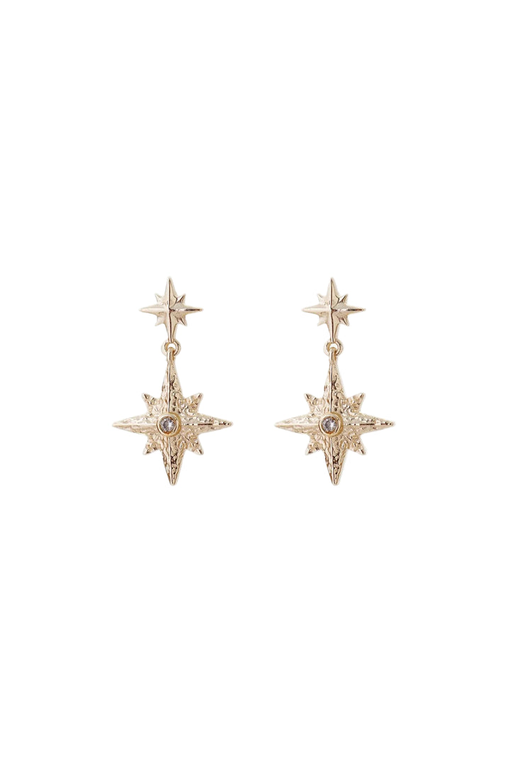 Gold Nightfall Earrings by Tutti &amp; Co featuring elegant drop design with intricate detailing.