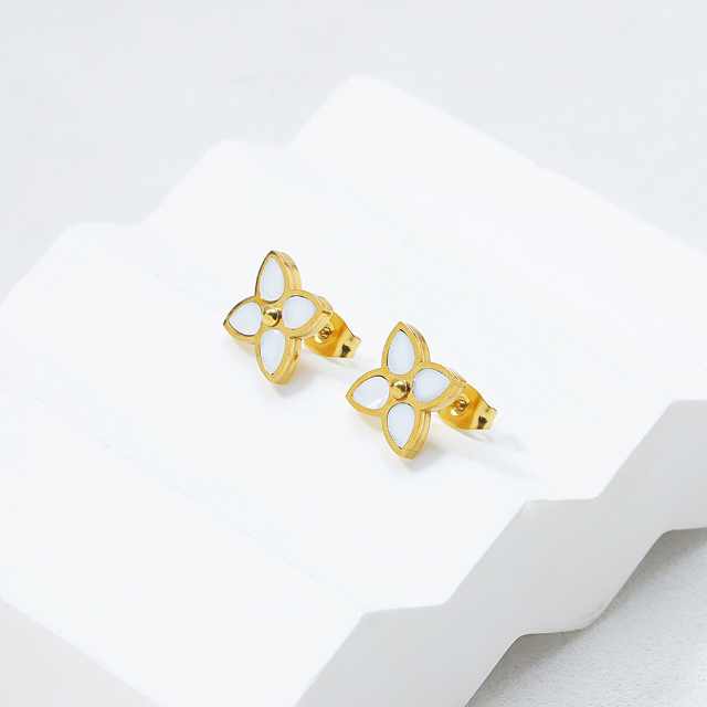 Gold &amp; Pearl Four Leaf Flower Earrings