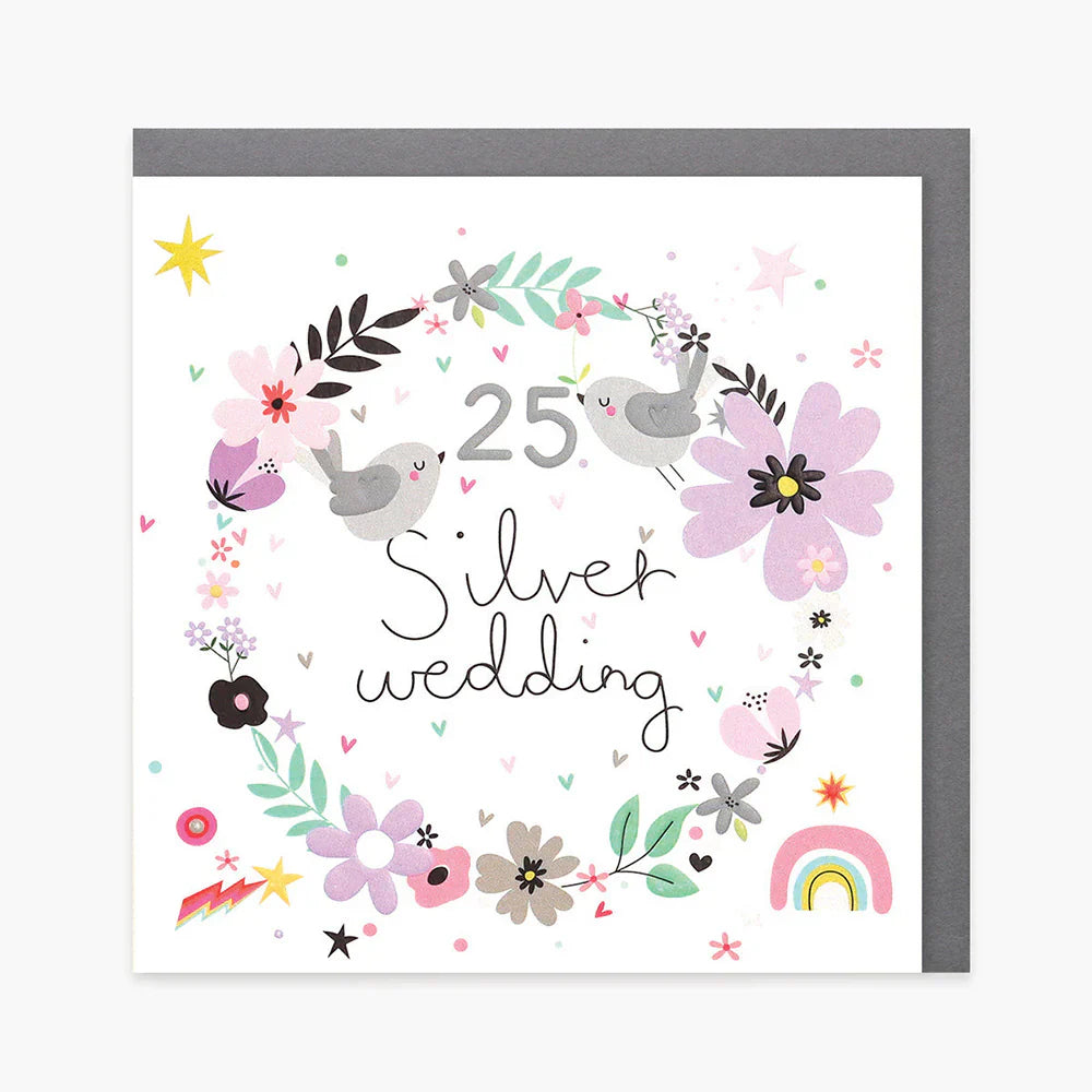 Silver wedding anniversary card with a belly button design from Cornucopia Worcester, featuring elegant silver accents and heartfelt message.
