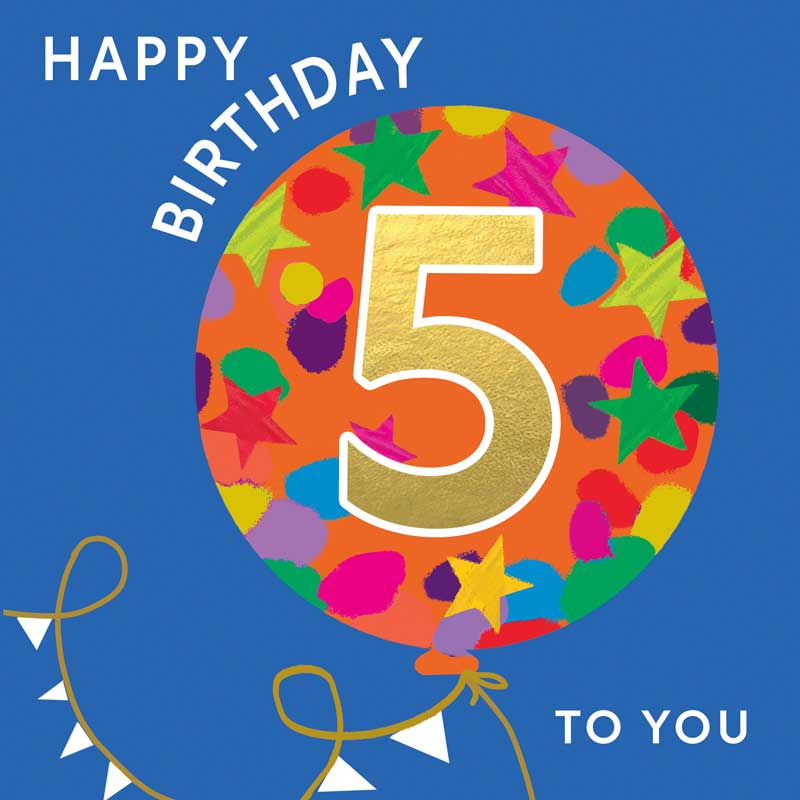Happy 5th birthday card by Hammond Gower featuring colorful, festive design from Cornucopia Home and Gift.