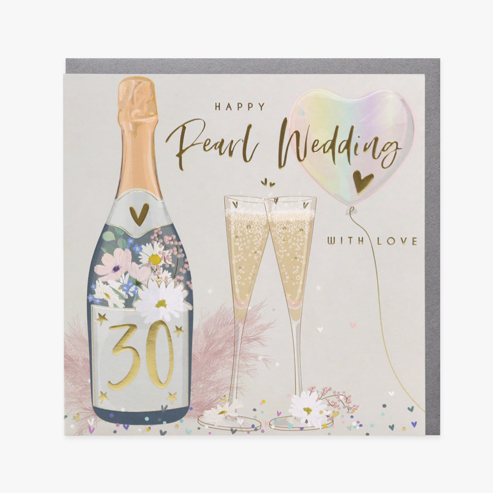 Close-up of a Happy Pearl Anniversary Belly Button Card by Cornucopia Worcester featuring pearl accents and celebratory design.
