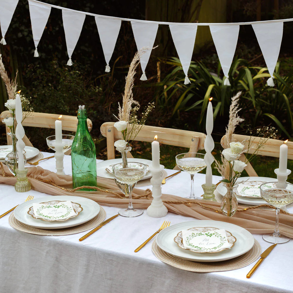 White cotton fabric bunting by Talking Tables, 4 meters long, featuring elegant, handmade white triangular fabric flags for celebrations.