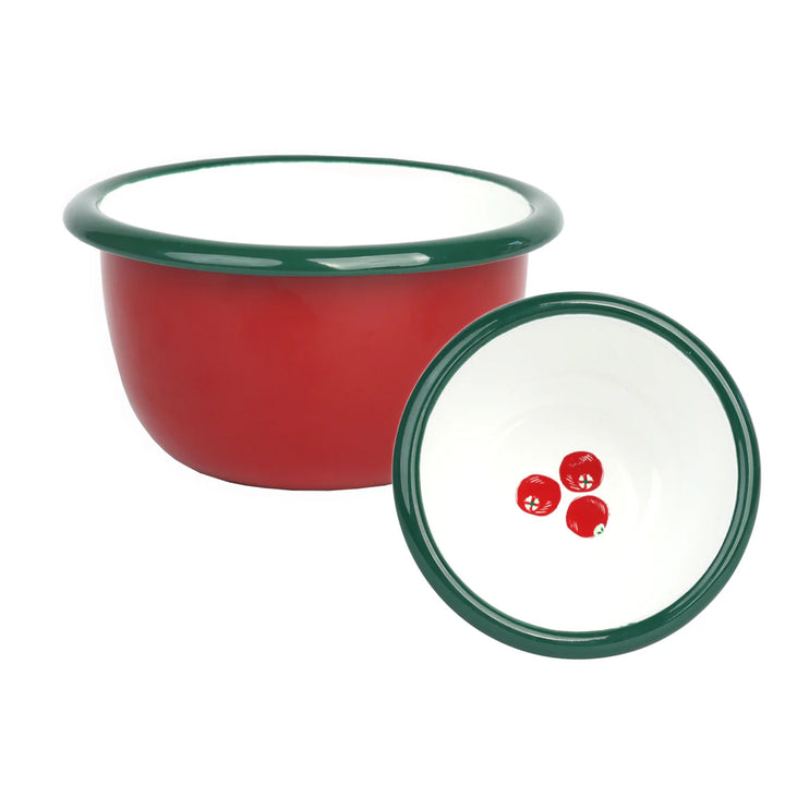 Cranberry enamel bowl from Talking Tables Christmas collection by Cornucopia Home and Gift, featuring festive red cranberry design.