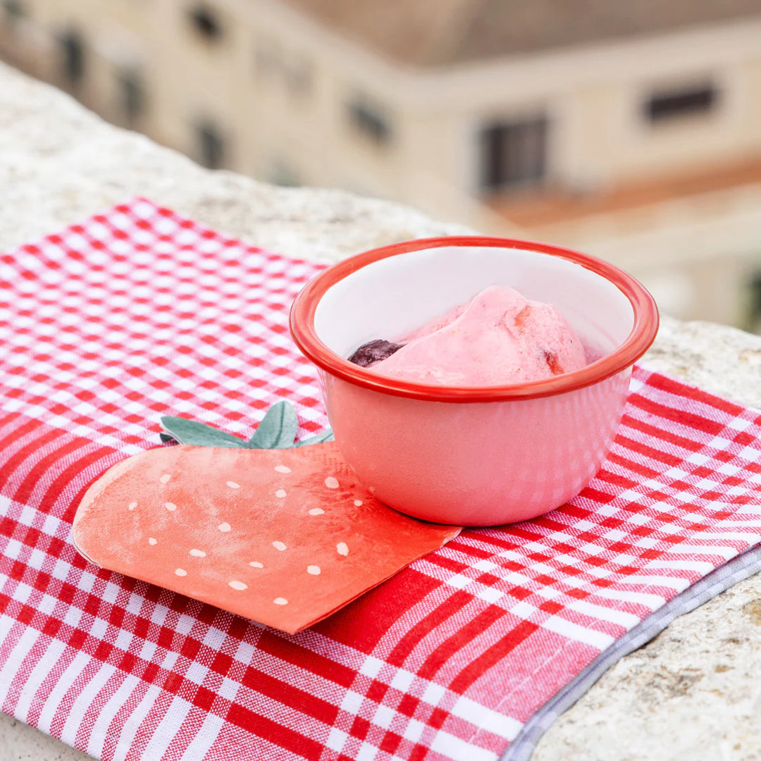 Strawberry enamel bowl by Cornucopia Home and Gift, featuring a colorful talking tables design for decorative use.