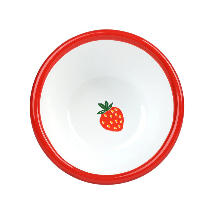 Strawberry enamel bowl by Cornucopia Home and Gift, featuring a colorful fruit design, perfect for serving or decorative use.