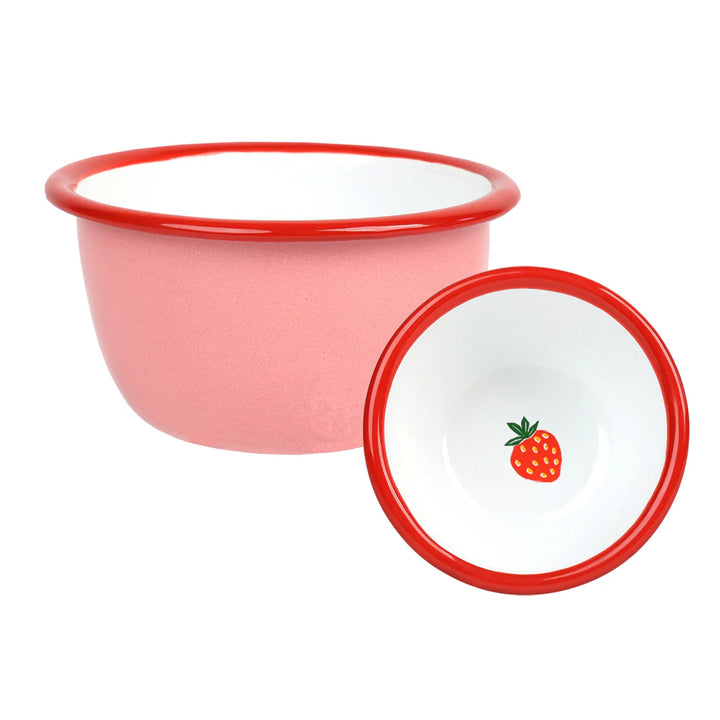 Strawberry enamel bowl from Bon Appetit collection by Cornucopia Home and Gift, featuring a vibrant red strawberry design.