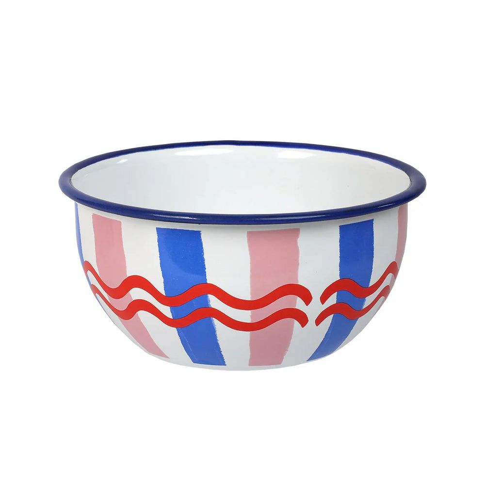Stripe Enamel Bowl by Cornucopia Home and Gift, 16cm diameter, featuring colorful stripe pattern and durable enamel finish.