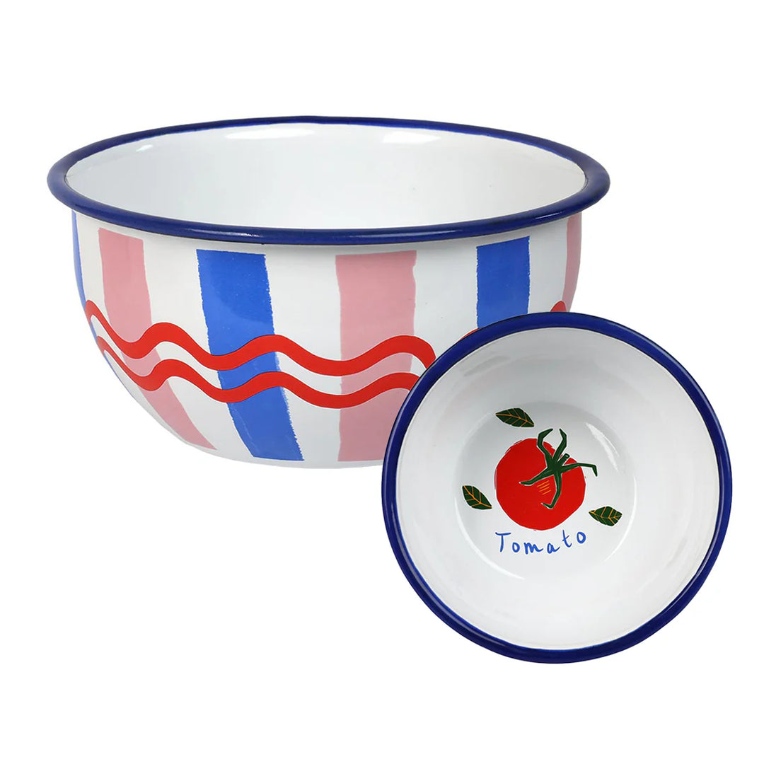 Cornucopia Home and Gift Stripe Enamel Bowl, 16cm, with blue and white striped design, perfect for serving or display.