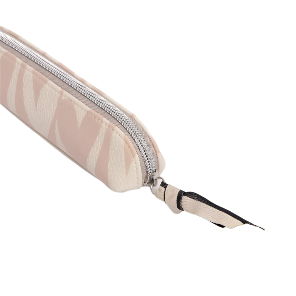 Pink checkmate hearts Caroline Gardner pencil case with a zipper closure, featuring a playful heart pattern on fabric.