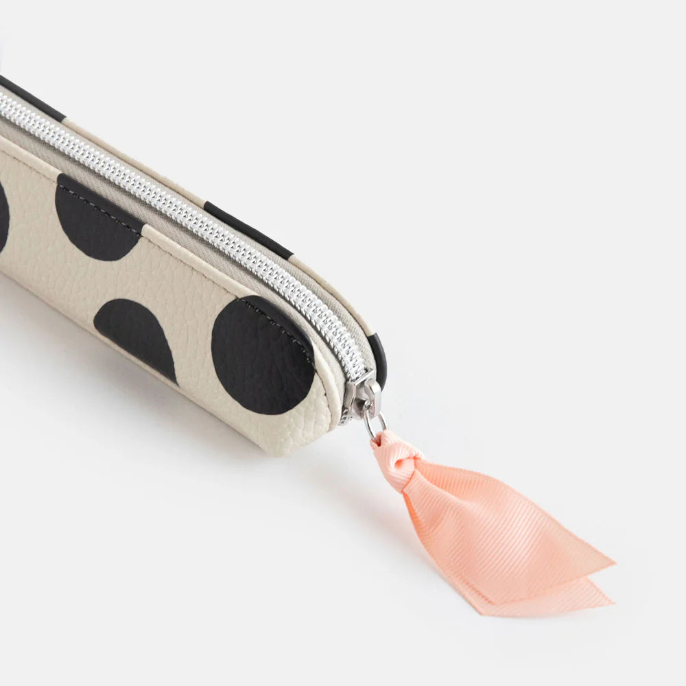 Caroline Gardner Mono Scattered Dot Pencil Case featuring a colorful dotted pattern and a zip closure, ideal for stationery storage.