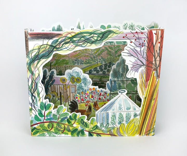 Colorful Chickens 3D allotment art card by Art Angels from Cornucopia Home and Gift, featuring vibrant chicken illustrations on textured paper.